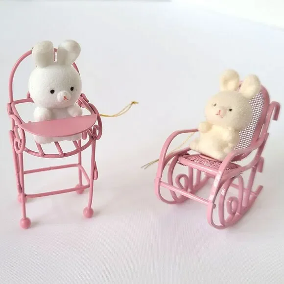 Vtg Flocked Easter Bunny Ornaments Miniature Metal Wagon Decor Kitsch Lot Of 7 - Picture 5 of 7